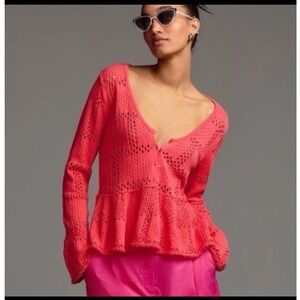 NEW‎ Pilcro Womens Crochet Peplum Cardigan Top Size S Salmon Pink Coquette